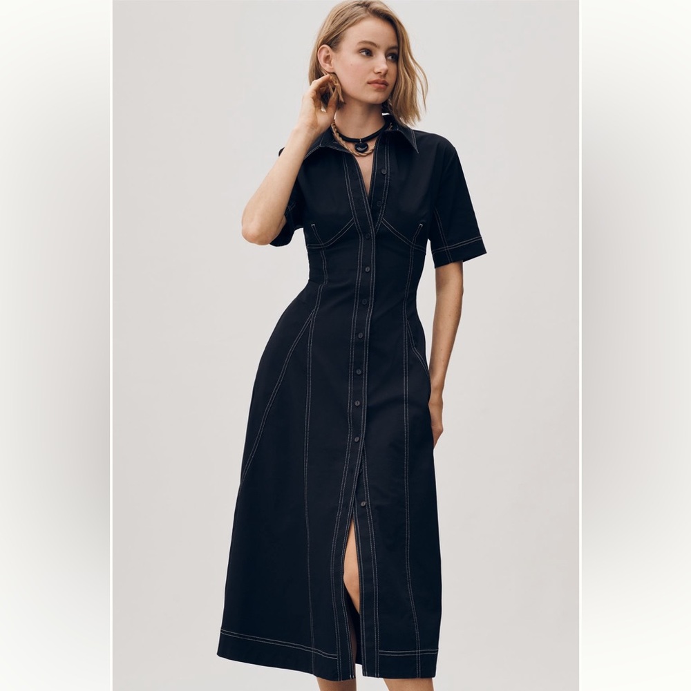 Anthropologie Exquise Short-Sleeve Seamed Pleated Midi Dress